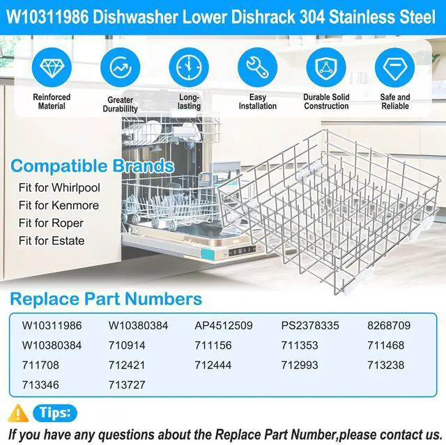 Alt view image 2 of 7 - UPGRADED W10311986 W10380384 Dishwasher Lower Dishrack for Whirlpool Kenmore Dishwasher Rack Replacement Parts,304 Stainless Steel W10311986 W11158802 Whirlpool Dishwasher Rack with Wheel Bottom Rack