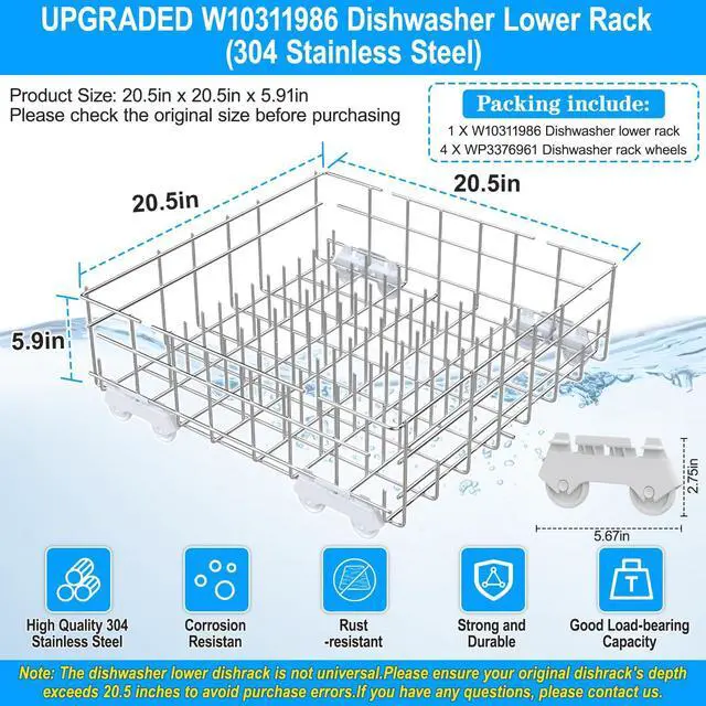 Alt view image 3 of 7 - UPGRADED W10311986 W10380384 Dishwasher Lower Dishrack for Whirlpool Kenmore Dishwasher Rack Replacement Parts,304 Stainless Steel W10311986 W11158802 Whirlpool Dishwasher Rack with Wheel Bottom Rack