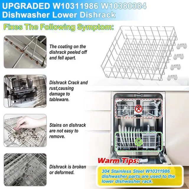 Alt view image 6 of 7 - UPGRADED W10311986 W10380384 Dishwasher Lower Dishrack for Whirlpool Kenmore Dishwasher Rack Replacement Parts,304 Stainless Steel W10311986 W11158802 Whirlpool Dishwasher Rack with Wheel Bottom Rack