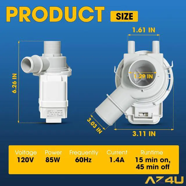 Alt view image 2 of 7 - DP040-012 Washer Drain Pump For LG 4681EA1007A 5859EA1004P 5859EA1004F | WT1201CW, WT4870CW, 79631513210, 4681EA1007A, 5859EA1004P, 5859EA1004F, LGWT7200CW, LGWT7700HVA, T1024ADF