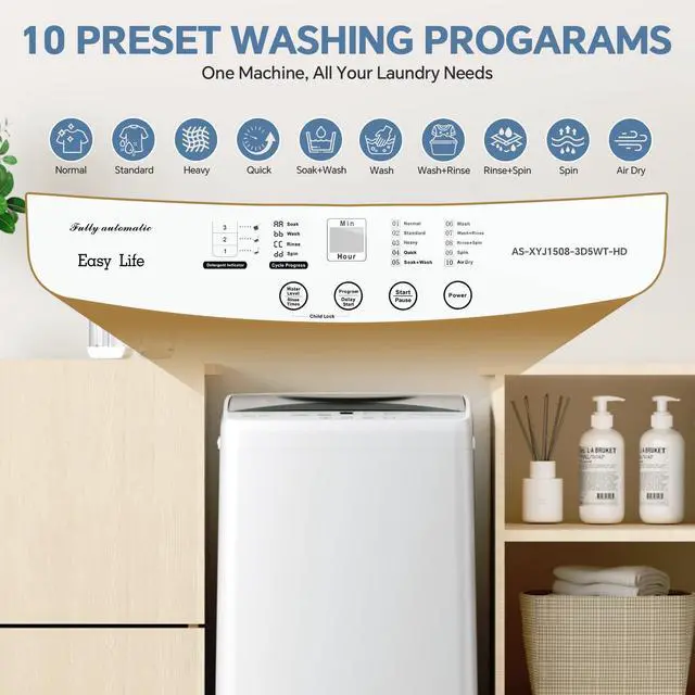 Alt view image 4 of 7 - 7.7 lbs Compact Washer, 1.06 cu. ft. Full-Automatic Laundry Machine with 10 Wash Programs, Delay Start & Stainless Steel Tub, Portable Washing Machine for Home Dorm Apartment, White