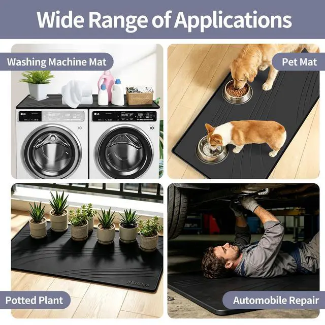 Alt view image 7 of 7 - Washing Machine Drain Pan Silicone Mat, Large Size 54×27 Inch 5.5 Lbs Non-Slip Waterproof Washer Drip Tray, Raised Edge Drip Mat for Washer Dryer, Anti-Vibration Floor Leak Protector for Laundry Room