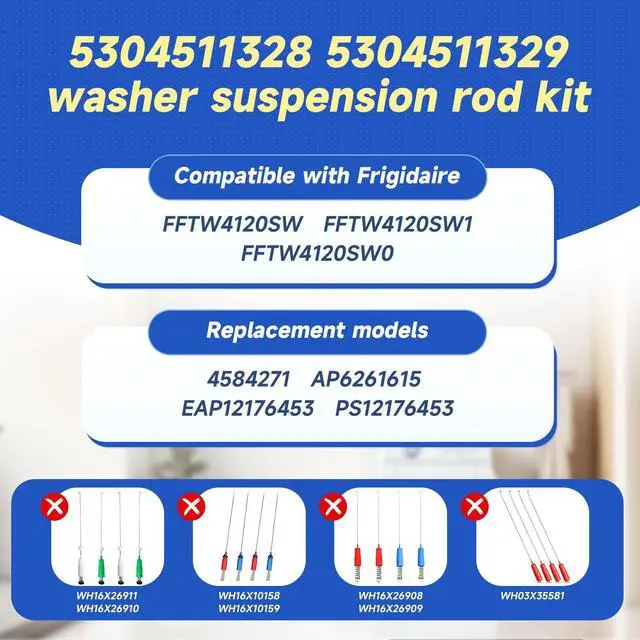 Alt view image 5 of 7 - 5304511328 5304511329 4Pcs Washer Suspension Rod Compatible with Frigidaire FFTW4120SW FFTW4120SW1 FFTW4120SW0, 5304511328 5304511329 Washer Suspension Replace 4584271 AP6261615 EAP12176453 PS12176453