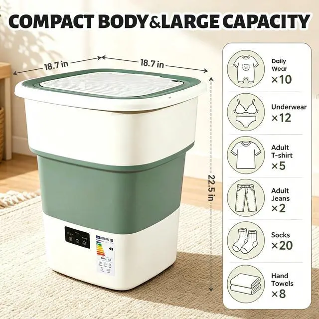 Alt view image 2 of 7 - Portable Washing Machine, 50L Large Capacity Foldable Mini Washer with Spin Basket, Adjustable Wash 210 Min & Spin 16 Min Timer, for Apartment, RV, Camping, Dorm, Travel (Green)