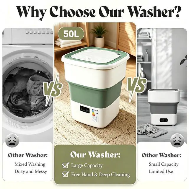Alt view image 3 of 7 - Portable Washing Machine, 50L Large Capacity Foldable Mini Washer with Spin Basket, Adjustable Wash 210 Min & Spin 16 Min Timer, for Apartment, RV, Camping, Dorm, Travel (Green)