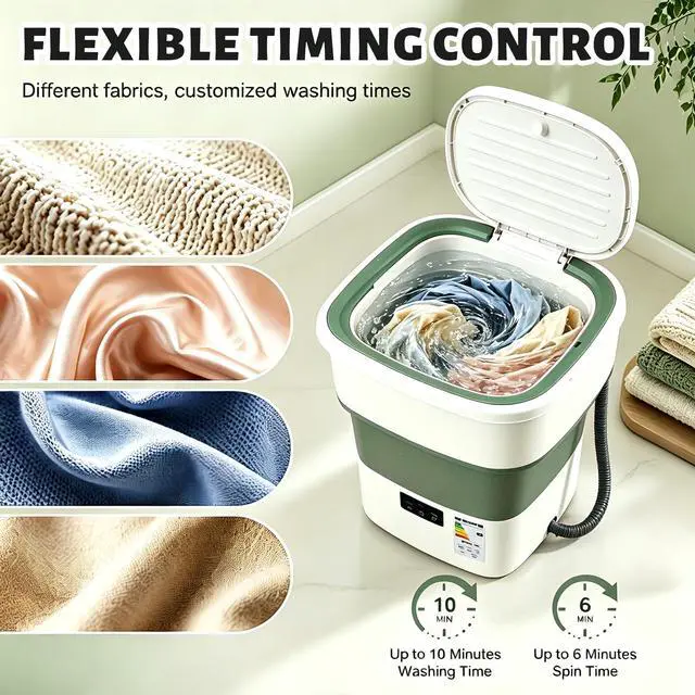 Alt view image 4 of 7 - Portable Washing Machine, 50L Large Capacity Foldable Mini Washer with Spin Basket, Adjustable Wash 210 Min & Spin 16 Min Timer, for Apartment, RV, Camping, Dorm, Travel (Green)