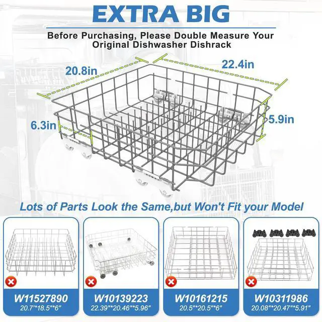 Alt view image 2 of 7 - W10728159 Lower Rack Replacement for Whirlpool Dishwasher Bottom Rack | Dishwasher Dishrack Rack Lower W10728159 W10525646 for Kenmore Kitchen Aid Dishwasher Lower Rack With Wheels KDTE104DSS0