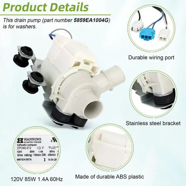 Alt view image 4 of 7 - 5859EA1004G Washer Drain Pump Assembly,5859EA1004G Washer Drain Pump Motor Compatible with Washing Machine Replaces AP5604958 PS3636111