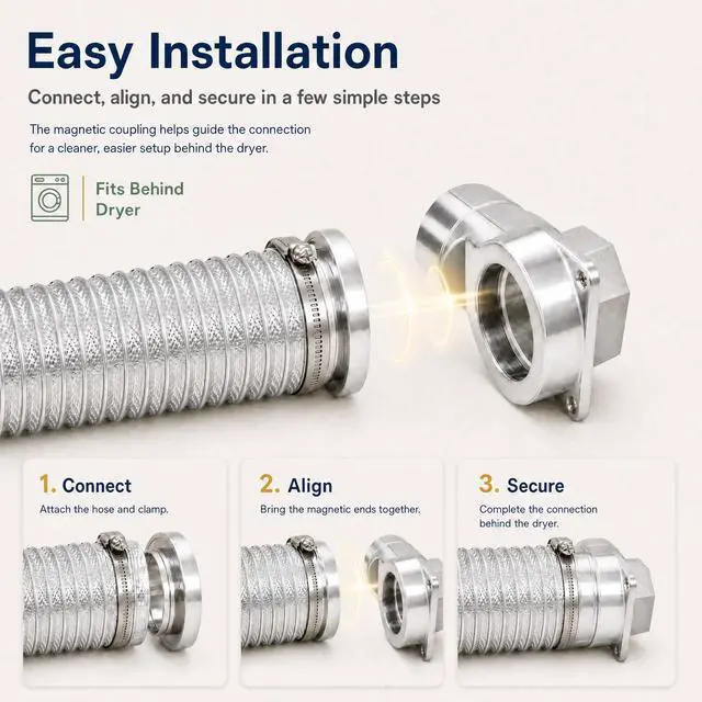 Alt view image 6 of 6 - 90 Degree Magnetic Dryer Vent Connector Kit - Easy to Clean Space Saving Elbow, Includes 2.6ft 4" Tear-Resistant Hose & 2 Clamps