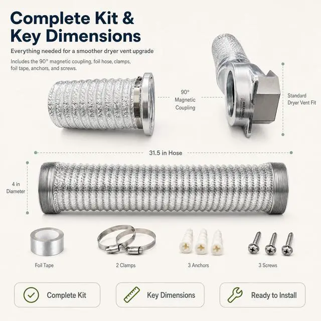 Alt view image 3 of 6 - 90 Degree Magnetic Dryer Vent Connector Kit - Easy to Clean Space Saving Elbow, Includes 2.6ft 4" Tear-Resistant Hose & 2 Clamps