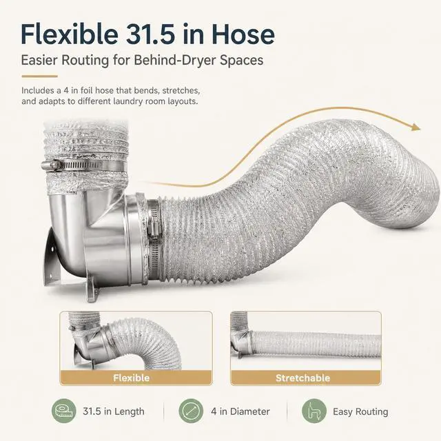Alt view image 5 of 6 - 90 Degree Magnetic Dryer Vent Connector Kit - Easy to Clean Space Saving Elbow, Includes 2.6ft 4" Tear-Resistant Hose & 2 Clamps
