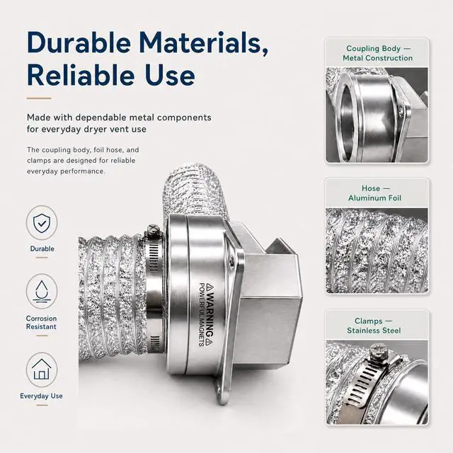 Alt view image 4 of 6 - 90 Degree Magnetic Dryer Vent Connector Kit - Easy to Clean Space Saving Elbow, Includes 2.6ft 4" Tear-Resistant Hose & 2 Clamps