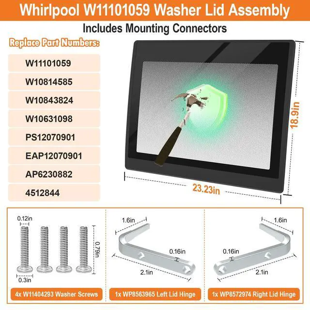 Alt view image 2 of 7 - Upgraded W11101059 Washer Lid Assembly Compatible with Whirlpool Washing Machine Lid, Cabrio Whirlpool Washer Parts Replacement Lid Top Load Washer Glass Door, With Left & Right Lid Hinge & 4 Screws