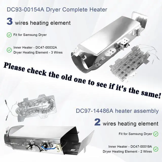 Alt view image 7 of 7 - DC93-00154A Dryer Heating Element fits for Samsung OEM 3 Wire DV45K6500EV | 3 Wire Heater Assembly DC47-00032A AP5582094 PS4216214, fits for DV45K6200EW DV45K7600EW DV48J7700EP DV50K8600EV