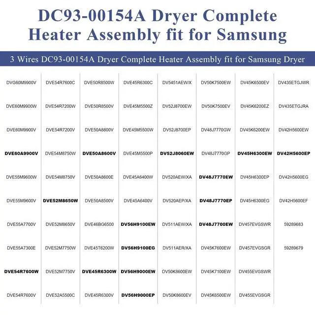 Alt view image 6 of 7 - DC93-00154A Dryer Heating Element fits for Samsung OEM 3 Wire DV45K6500EV | 3 Wire Heater Assembly DC47-00032A AP5582094 PS4216214, fits for DV45K6200EW DV45K7600EW DV48J7700EP DV50K8600EV