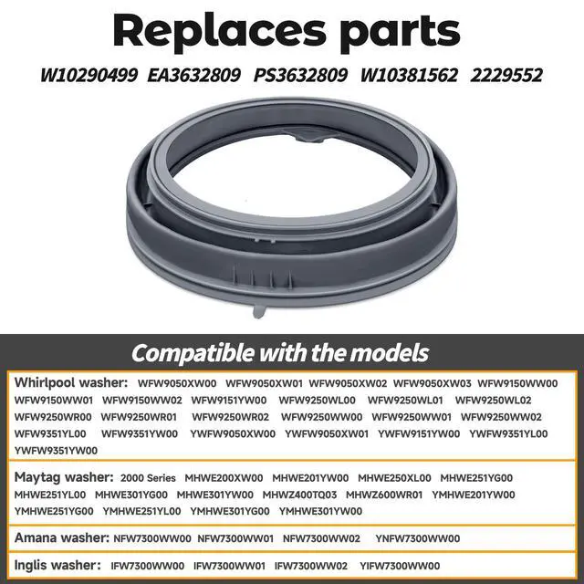 Alt view image 2 of 4 - W10290499 Washer Door Seal Bellow for Whirlpool - WFW9150WW01 WFW9150WW00 WPW10381562 Maytag 2000 Series MHWE200XW00 Amana Inglis Washing Machine