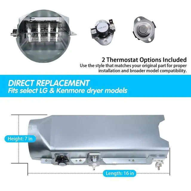 Alt view image 3 of 7 - DLE3400W DLE7200WE DLE2301R DLEY1201V DLEX2501W Dryer Heating Element Kit | DLEX2501V DLE2050W DLEX5101V DLE4801W DLE2701V DLEX8000W DLE2301W DLE4870W DLEX3370V DLEX2650R DLEX4370K DLEX2301R; for LG