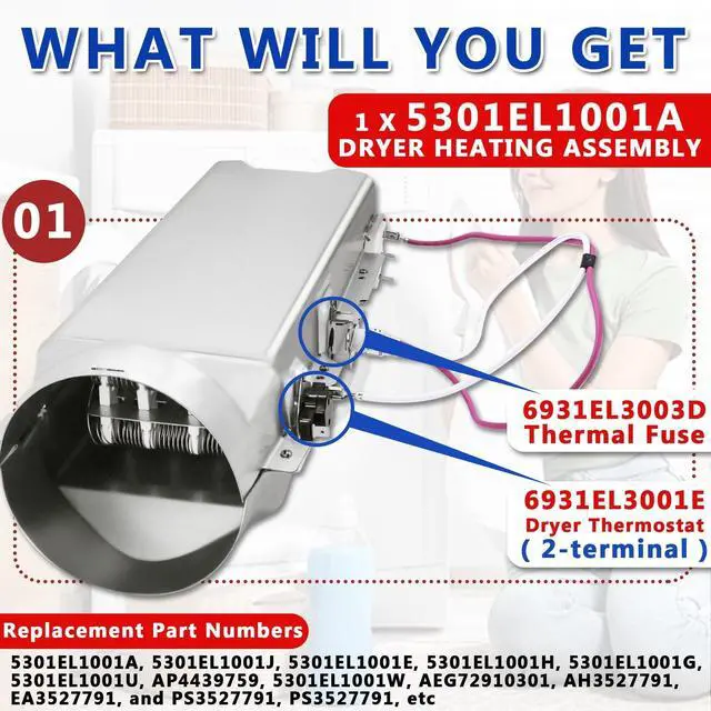 Alt view image 2 of 7 - DLE1501W DLE1101W Dryer Heating Element Fit for LG DLEX3360V DLEX3360W | DLE2050W DLE2140W DLEX3570V DLEX3250W, DLEX3250V DLEX3001P DLEX7177RM DLEX3700V DLE3733U, DLE5001W DLE3733W DLEX3470W