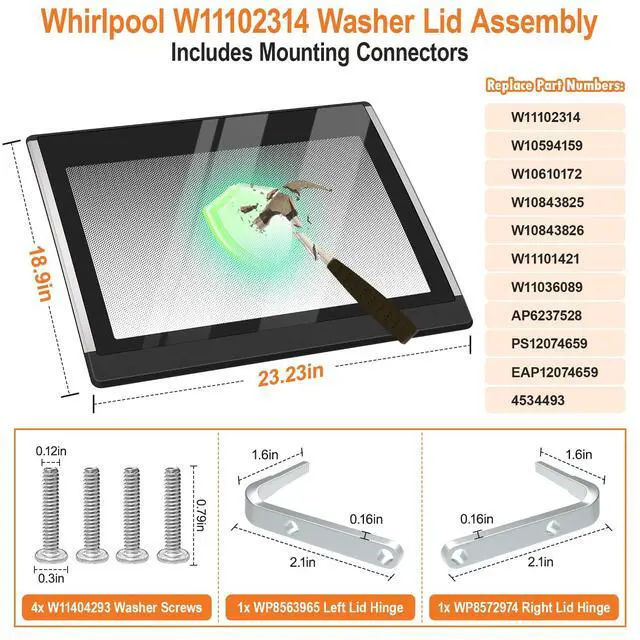 Alt view image 2 of 7 - Upgraded W11102314 Washer Lid Compatible with Whirlpool Washer Lid Replacement Parts W10594159 W10610172 Washing Machine Glass Lid Assembly With WP8563965 WP8572974 Left & Right Lid Hinge & 4 Screws