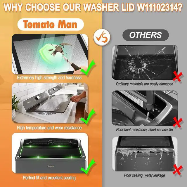 Alt view image 7 of 7 - Upgraded W11102314 Washer Lid Compatible with Whirlpool Washer Lid Replacement Parts W10594159 W10610172 Washing Machine Glass Lid Assembly With WP8563965 WP8572974 Left & Right Lid Hinge & 4 Screws