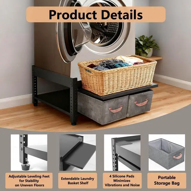 Alt view image 4 of 7 - Washer and Dryer Pedestals, 28x28x16inch Universal Washing Machine Stand with Laundry Basket Shelf, Portable Storage Bag, Adjustable Feet and 4 Silicone Pads, 800LBS Capacity