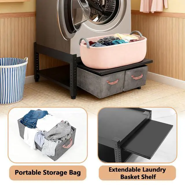 Alt view image 7 of 7 - Washer and Dryer Pedestals, 28x28x16inch Universal Washing Machine Stand with Laundry Basket Shelf, Portable Storage Bag, Adjustable Feet and 4 Silicone Pads, 800LBS Capacity