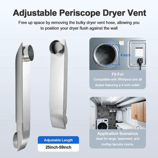 Alt view image 6 of 7 - 2554 Inch Adjustable Periscope Dryer Vent Kit, 4 Inch Stainless Steel Flat Dryer Vent Duct, Space-Saving Telescoping Vent Adapter for Tight Spaces, Compatible with Whirlpool & Standard Dryers