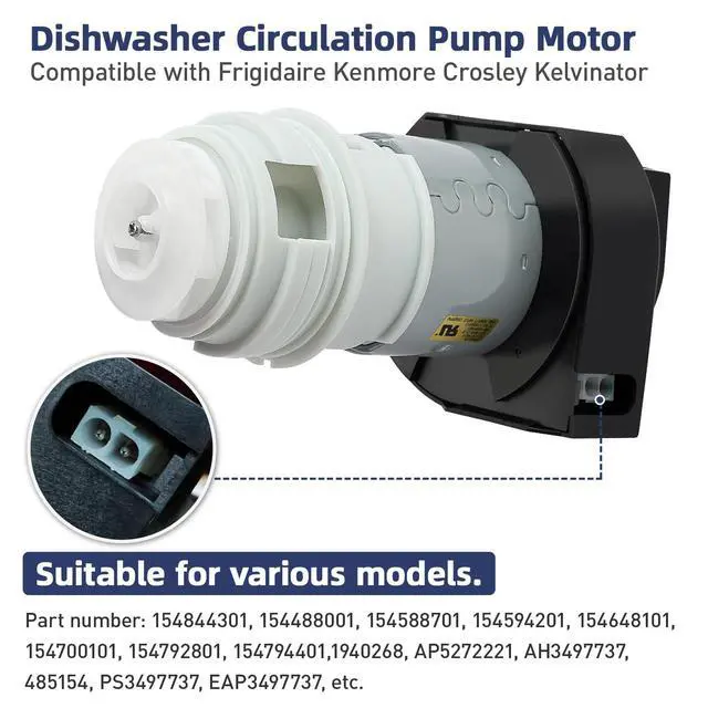 Alt view image 2 of 6 - 154844301 Dishwasher Circulation Pump Motor Compatible with Frigidaire Kenmore Crosley Kelvinator Kit 1 Plug Only with O-Rings Replace 154794401 AP5272221 15488001 154588701 9001
