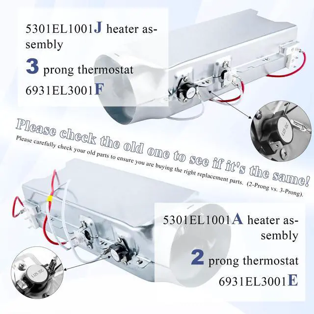 Alt view image 7 of 7 - DLE2701V DLE7177RM DLEX3001P Heater Assembly 5301EL1001J 3 Prong | 5301EL1001H Heating Element fit for LG Dryer, Has 3 Prong Thermostat 6931EL3001F, DLEY1701V DLEX3900B 79681182310