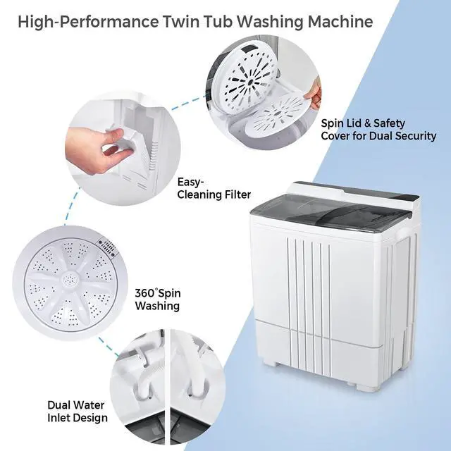 Alt view image 2 of 7 - Portable Washing Machine, 21lbs Capacity, 14.4lbs Washer and 6.6Llbs Spinner, Compact for Apartment RV, White & Gray, GT-GE-10390US-GR-FP