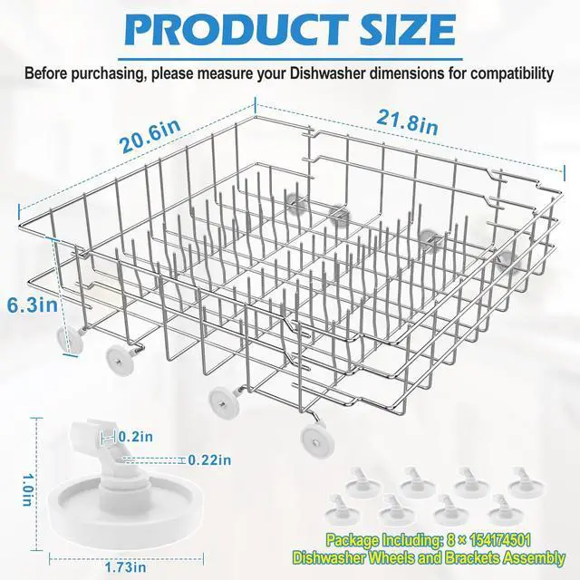 Alt view image 2 of 7 - 808602302 Dishwasher Rack Replacement for Frigidaire Lower Rack Replacement | UPGRADED 808602302 Dishwasher Lower Dishrack Assembly for Frigidaire Gallery Dishwasher Parts Racks with 154174501 Wheels
