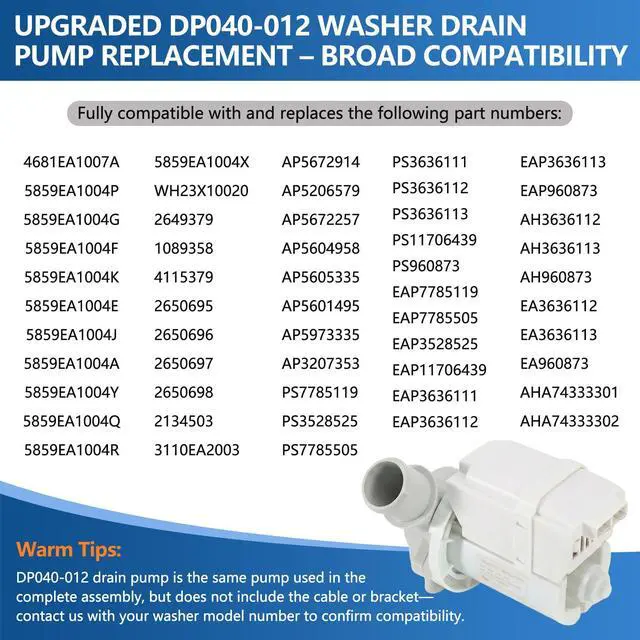 Alt view image 4 of 7 - DP040-012 Washer Drain Pump Replacement, Replaces 4681EA1007A, WH23X10020, Compatible with LG, Kenmore and GE Washers, Genuine OEM Quality, Easy DIY Installation