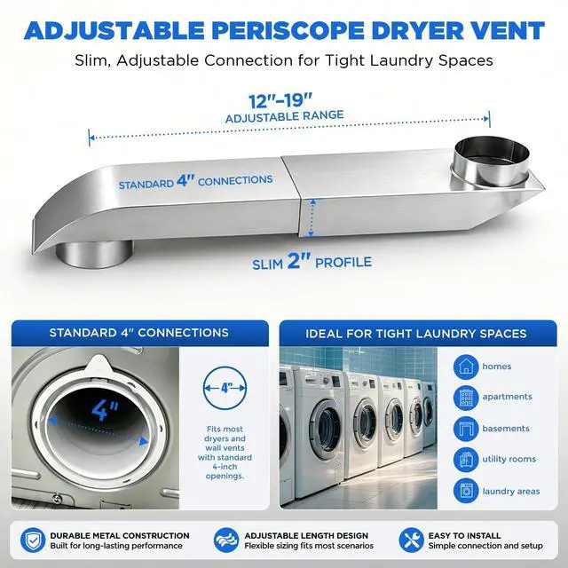 Alt view image 5 of 7 - 1219 Inch Adjustable Periscope Dryer Vent Kit, 4 Inch Stainless Steel Flat Dryer Vent Duct, Space-Saving Telescoping Vent Adapter for Tight Spaces, Compatible with Whirlpool & Standard Dryers