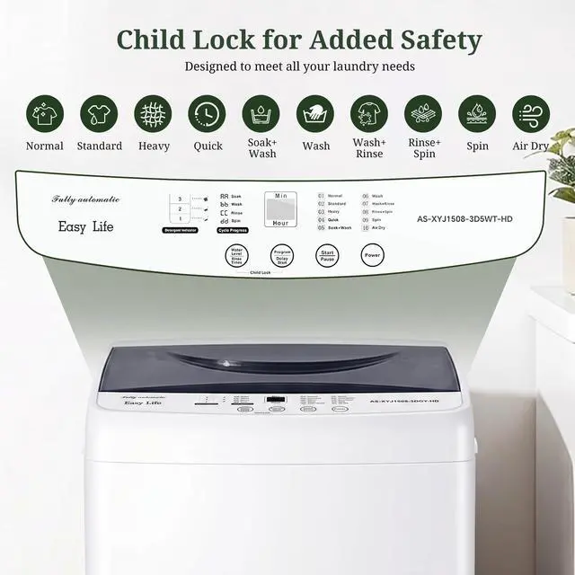 Alt view image 3 of 7 - Portable Washing Machine 1.06 Cu.Ft, 7.7 lbs Full-Automatic Compact Washer with Stainless Steel Drum, 10 Wash Cycles, LED Display & Auto Balance, Top Load Mini Washer for Apartment, Dorm, RV, Home