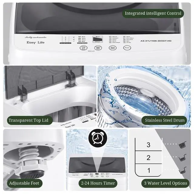Alt view image 5 of 7 - Portable Washing Machine 1.06 Cu.Ft, 7.7 lbs Full-Automatic Compact Washer with Stainless Steel Drum, 10 Wash Cycles, LED Display & Auto Balance, Top Load Mini Washer for Apartment, Dorm, RV, Home