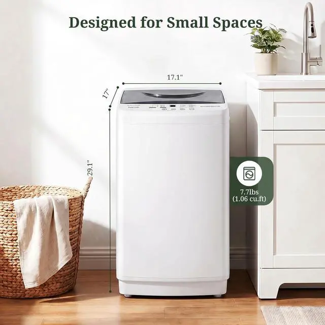 Alt view image 2 of 7 - Portable Washing Machine 1.06 Cu.Ft, 7.7 lbs Full-Automatic Compact Washer with Stainless Steel Drum, 10 Wash Cycles, LED Display & Auto Balance, Top Load Mini Washer for Apartment, Dorm, RV, Home