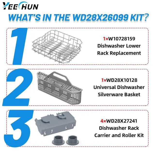 Alt view image 6 of 7 - WD28X26099 Dishwasher Lower Rack Replacement for GE Dishwasher Bottom Rack | WD28X26099 Bottom Dishrack for GE Dishwasher Parts Rack GDF510PSM0SS GDT535PSM0SS With Silverware Basket And Roller Kit