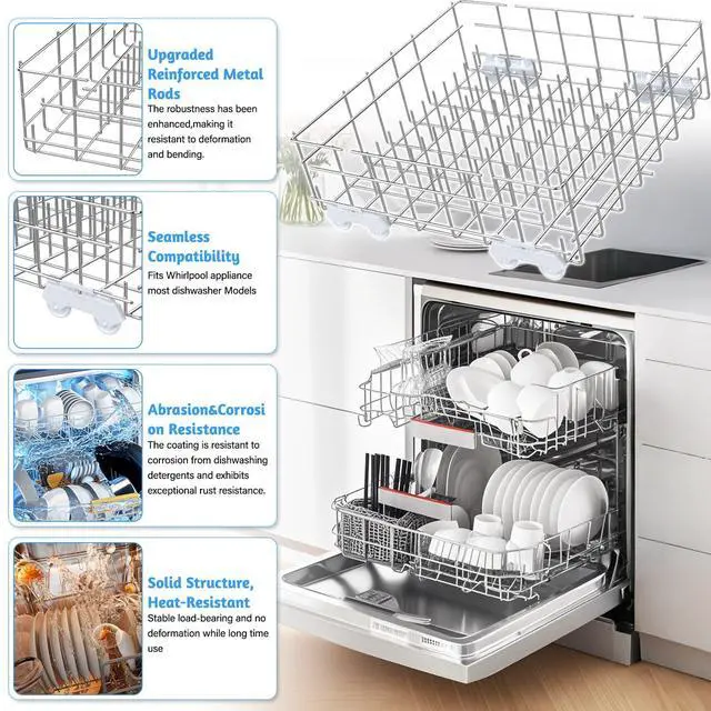 Alt view image 3 of 7 - W10311986/W10380384 Dishwasher Lower Rack-Stainless Steel for Whirlpool | WDT750SAHZ0 WDTA50SAHZ0 WDT780SAEM Whirlpool Dishwasher Parts Rack W10311986 Dishrack Bracket with WP3376961 Roller Wheel