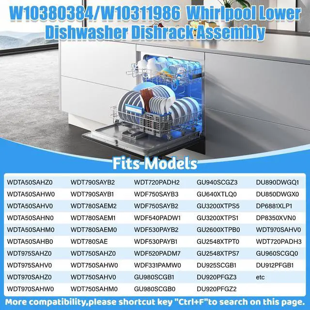 Alt view image 5 of 7 - W10311986/W10380384 Dishwasher Lower Rack-Stainless Steel for Whirlpool | WDT750SAHZ0 WDTA50SAHZ0 WDT780SAEM Whirlpool Dishwasher Parts Rack W10311986 Dishrack Bracket with WP3376961 Roller Wheel