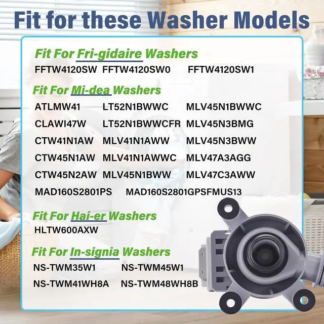 Alt view image 5 of 7 - FFTW4120SW FFTW4120SW1 Washer Drain Pump Fit for Fri-gidaire in-signia | FFTW4120SW0 NS-TWM41WH8A NS-TWM45W1,for Mi-dea Hai-er B40-3a, 11001011000071