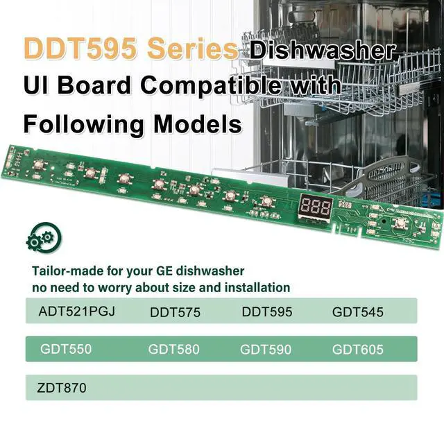 Alt view image 3 of 7 - Dishwasher UI Board Compatible with GE DDT595 Series DDT595SGJ4WW | DDT595SGJ5BB DDT595SGJ5WW DDT595SMJ0ES DDT595SMJ2ES DDT595SMJ4ES DDT595SMJ5ES DDT595SSJ0SS,Custom-made, Jumpers Already Set