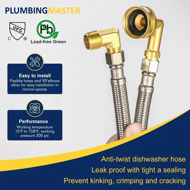 Alt view image 4 of 6 - 6FT Dishwasher Hose with Elbow Stainless Steel Braided Supply Line, 3/8" Compression to 3/8" Elbow, Universal Fit, Burst Proof, NSF/Lead-Free Certified, 5pcs
