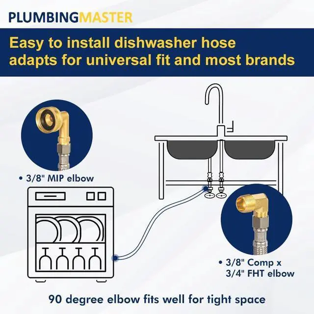 Alt view image 3 of 6 - 6FT Dishwasher Hose with Elbow Stainless Steel Braided Supply Line, 3/8" Compression to 3/8" Elbow, Universal Fit, Burst Proof, NSF/Lead-Free Certified, 5pcs