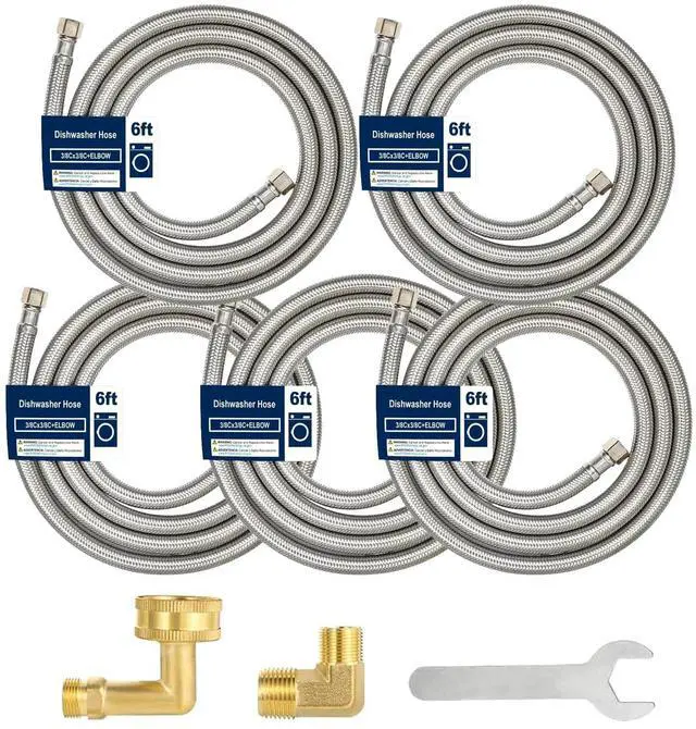 Main image of 6FT Dishwasher Hose with Elbow Stainless Steel Braided Supply Line, 3/8" Compression to 3/8" Elbow, Universal Fit, Burst Proof, NSF/Lead-Free Certified, 5pcs