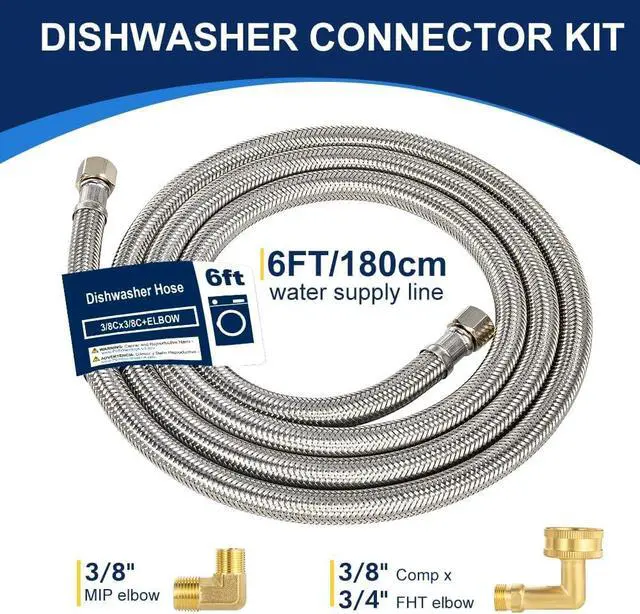 Alt view image 5 of 6 - 6FT Dishwasher Hose with Elbow Stainless Steel Braided Supply Line, 3/8" Compression to 3/8" Elbow, Universal Fit, Burst Proof, NSF/Lead-Free Certified, 5pcs