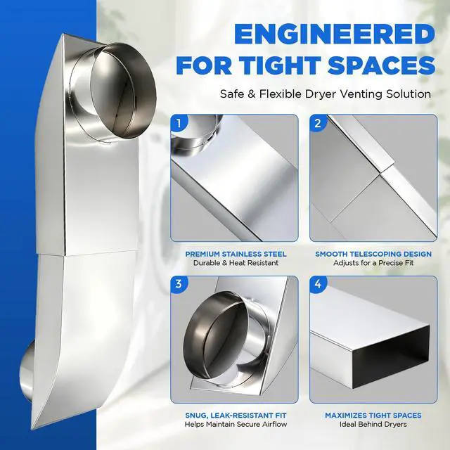 Alt view image 6 of 7 - 9.514.5 Inch Adjustable Periscope Dryer Vent Kit, 4 Inch Stainless Steel Flat Dryer Vent Duct, Space-Saving Telescoping Vent Adapter for Tight Spaces, Compatible with Whirlpool & Standard Dryers