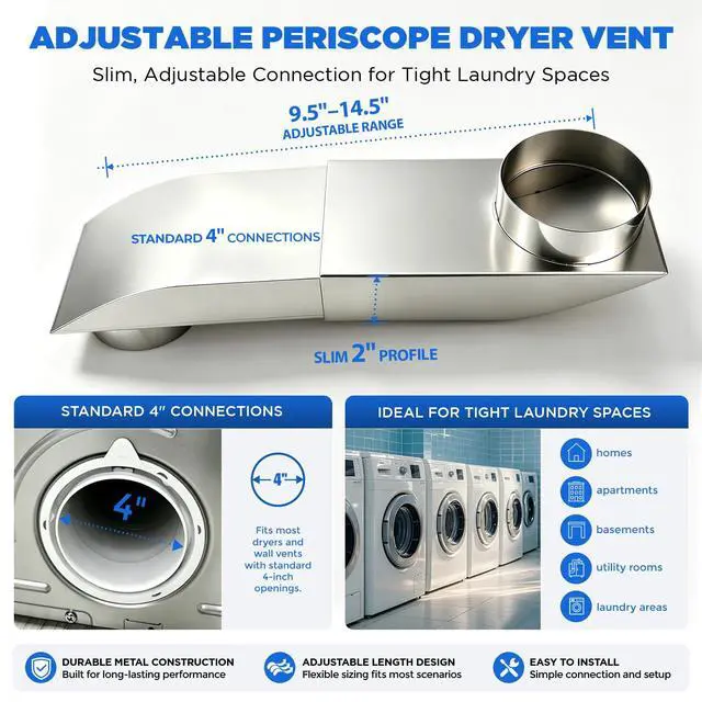 Alt view image 5 of 7 - 9.514.5 Inch Adjustable Periscope Dryer Vent Kit, 4 Inch Stainless Steel Flat Dryer Vent Duct, Space-Saving Telescoping Vent Adapter for Tight Spaces, Compatible with Whirlpool & Standard Dryers