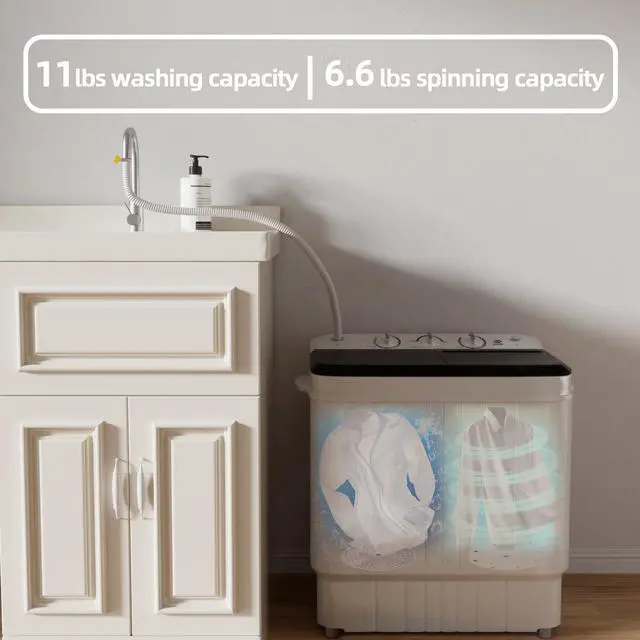 Alt view image 2 of 7 - Portable Washing Machine, Twin Tub 17.6 Lbs Capacity, (11 Lbs) and Spinner(6.6 Lbs) Combo Mini Compact Laundry Washer for Home, Apartment, Camping, RVs and Dorms, Black/White