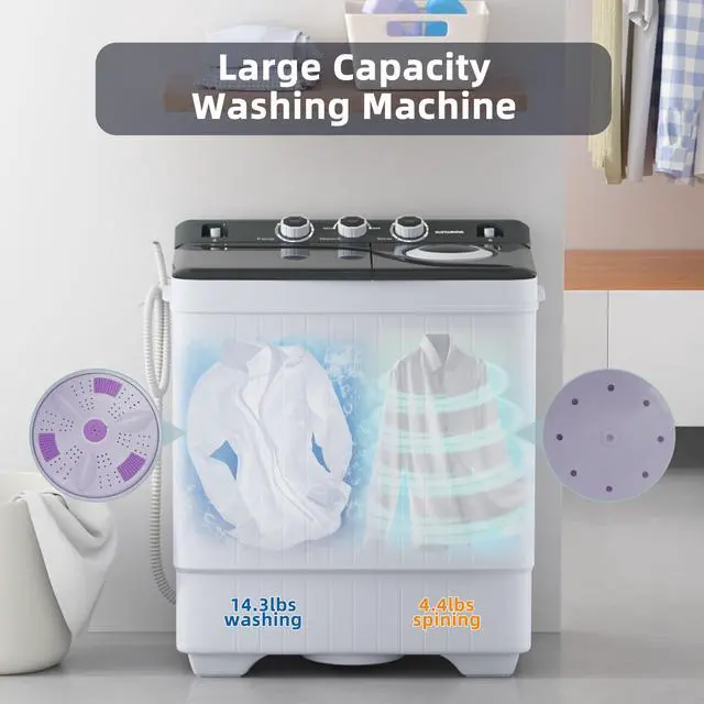 Alt view image 4 of 7 - Portable Washing Machine, Twin Tub 17.6 Lbs Capacity, (11 Lbs) and Spinner(6.6 Lbs) Combo Mini Compact Laundry Washer for Home, Apartment, Camping, RVs and Dorms, Black/White