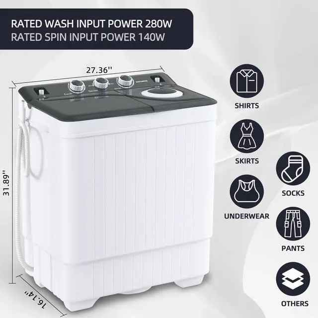 Alt view image 6 of 7 - Portable Washing Machine, Twin Tub 17.6 Lbs Capacity, (11 Lbs) and Spinner(6.6 Lbs) Combo Mini Compact Laundry Washer for Home, Apartment, Camping, RVs and Dorms, Black/White